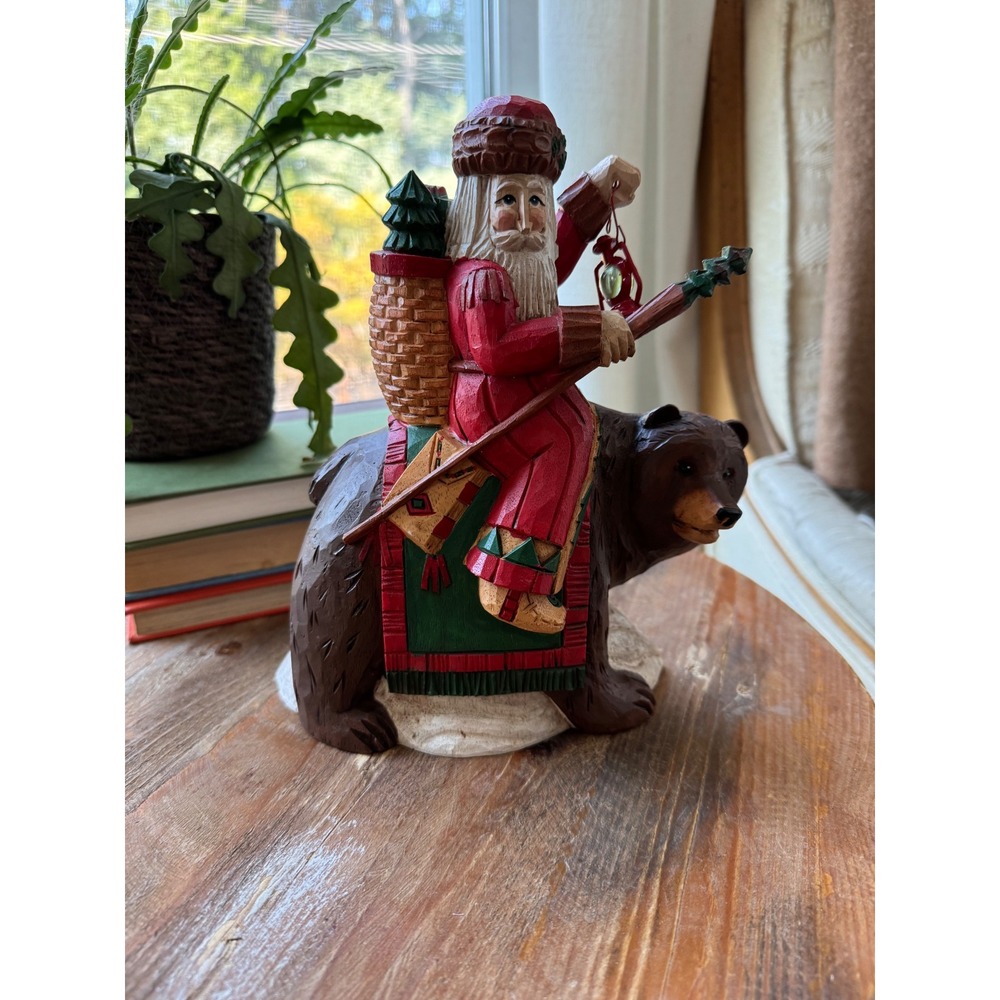 VTG Midwest of Cannon Falls Santa Riding Brown Bear Figurine Lantern Staff Resin